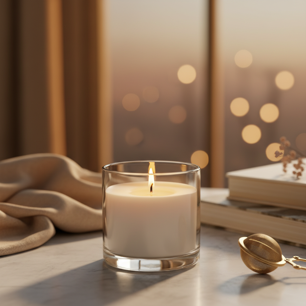 Lit luxury candle in glass jar